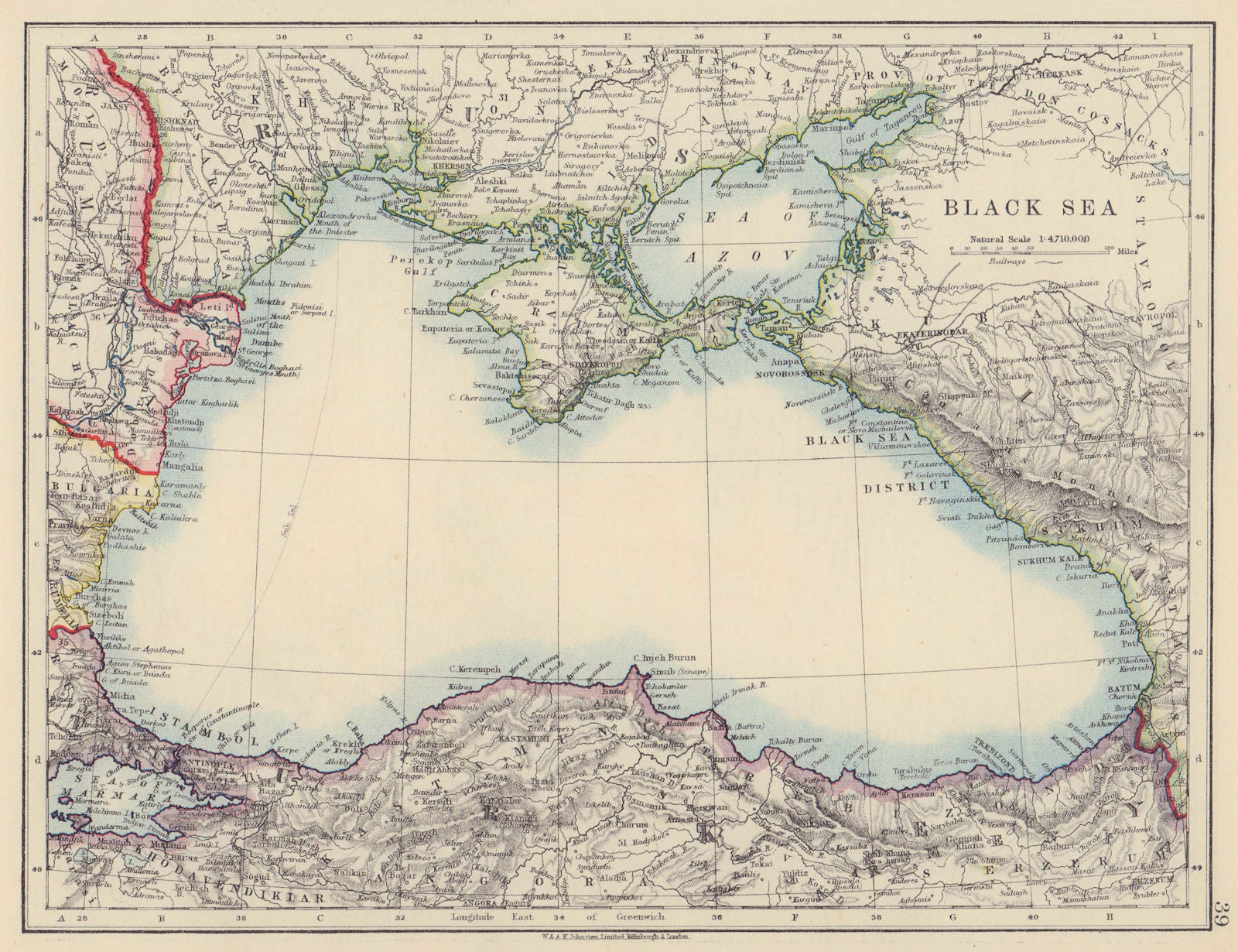 BLACK SEA. Russia Turkey Crimea Romania Bulgaria Kuban. JOHNSTON 1910 old map